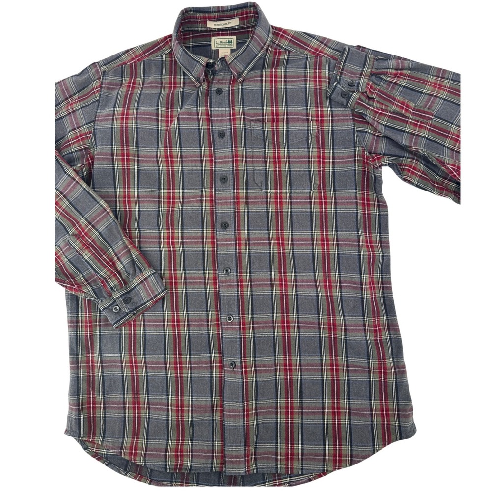 LL Bean Flannel‎ Shirt Large Tall Red Gray Plaid Mens Lightweight Traditional